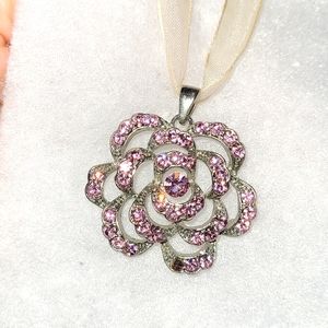Vintage Floral Rose Pendant Statement Necklace Pink Crystal Rhinestones, Ribbon